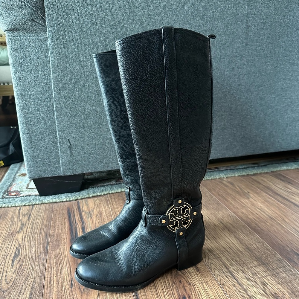 Tory Burch Amanda Riding Boots Tall Double T Medallion Logo Leather
